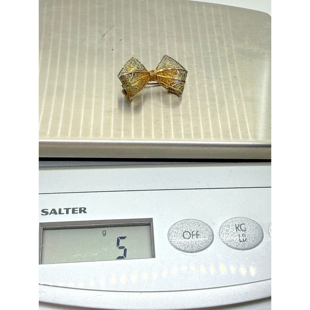 Vintage Sterling Silver Filigree Bow Brooch‎ Gold Wash Gilded Victorian Pin